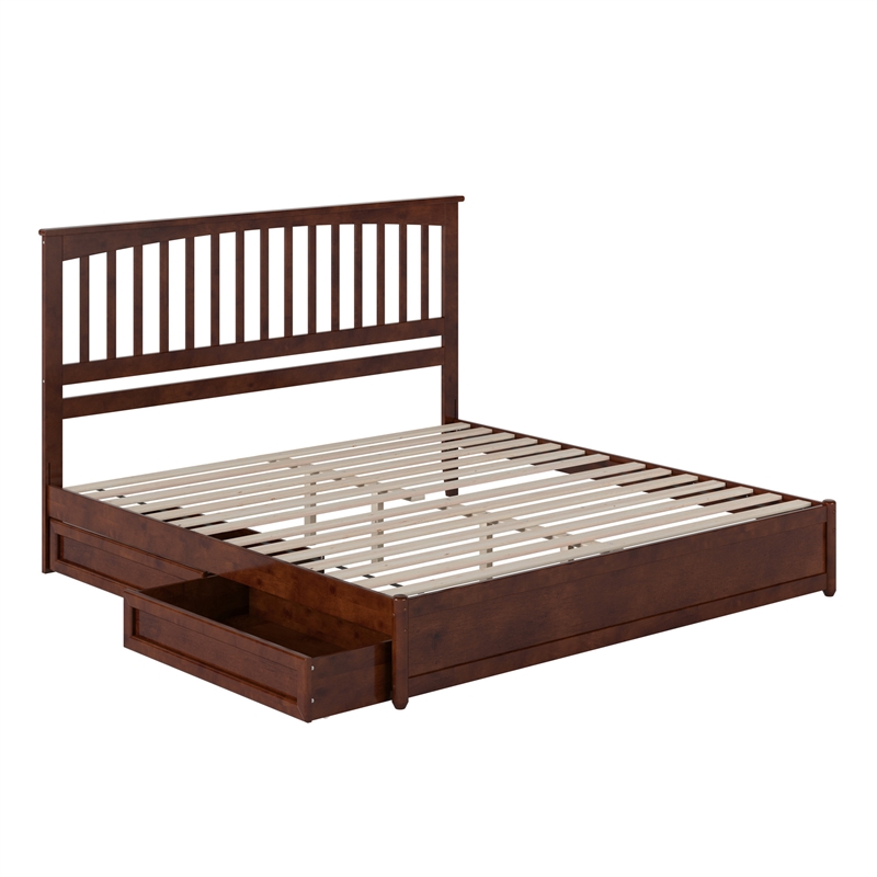 Everett King Wood Platform Bed with Panel Footboard & Storage Drawers in Walnut