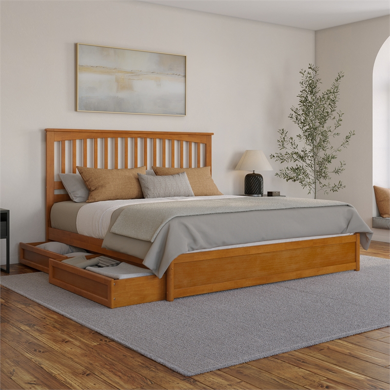 Everett King Wood Platform Bed with Panel Footboard & Drawers in Light Toffee