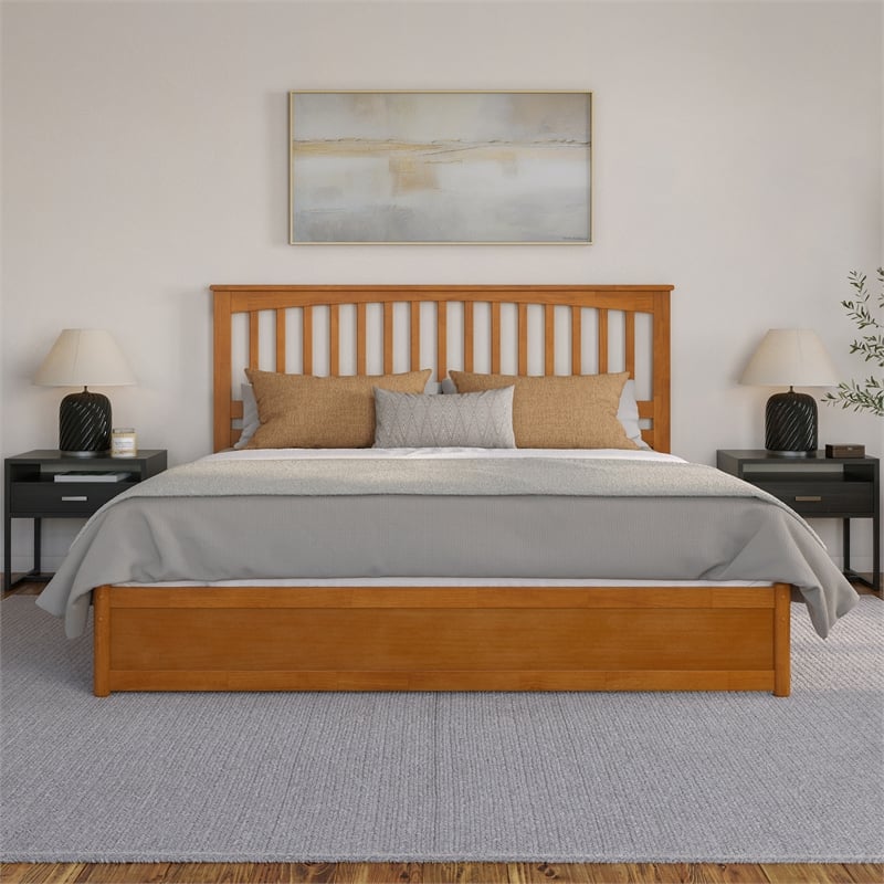 Everett King Wood Platform Bed with Panel Footboard & Drawers in Light Toffee