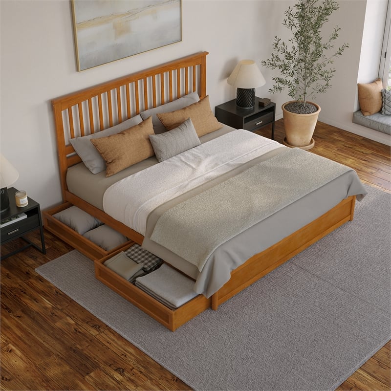 Everett King Wood Platform Bed with Panel Footboard & Drawers in Light Toffee