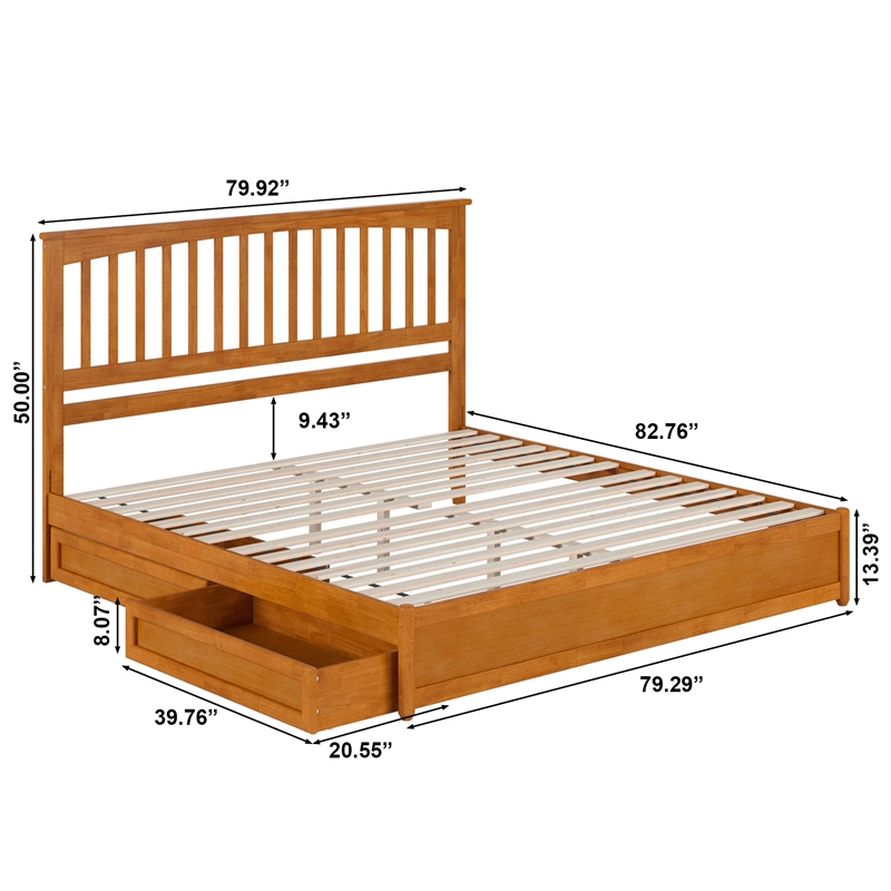 Everett King Wood Platform Bed with Panel Footboard & Drawers in Light Toffee