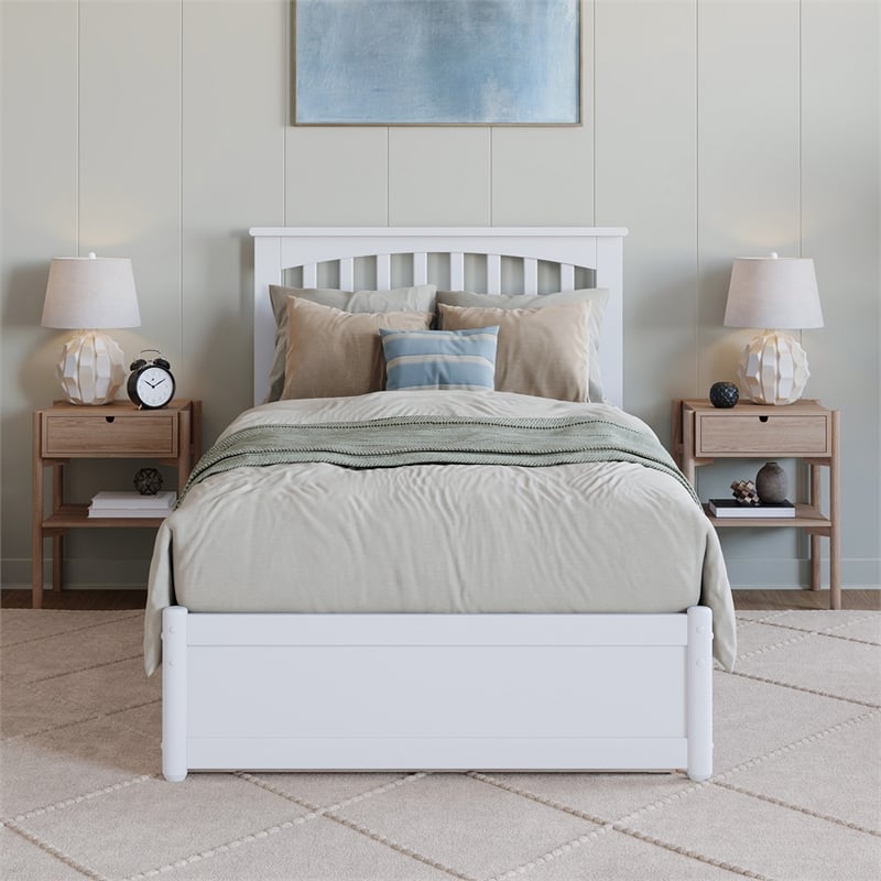 Everett Twin XL Wood Platform Bed with Panel Footboard &  Trundle in White