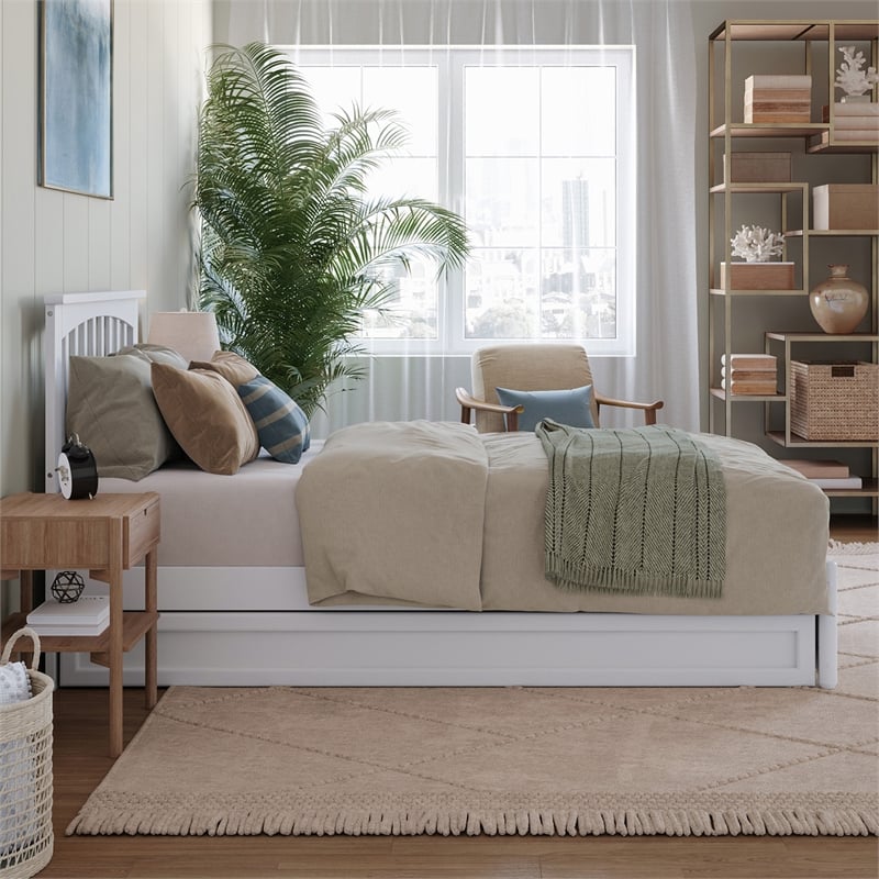 Everett Twin XL Wood Platform Bed with Panel Footboard &  Trundle in White