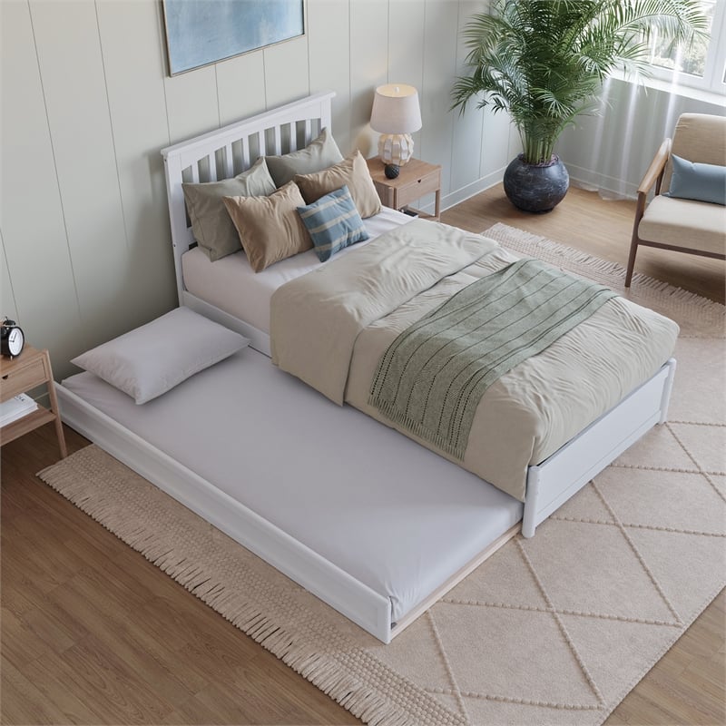 Everett Twin XL Wood Platform Bed with Panel Footboard &  Trundle in White