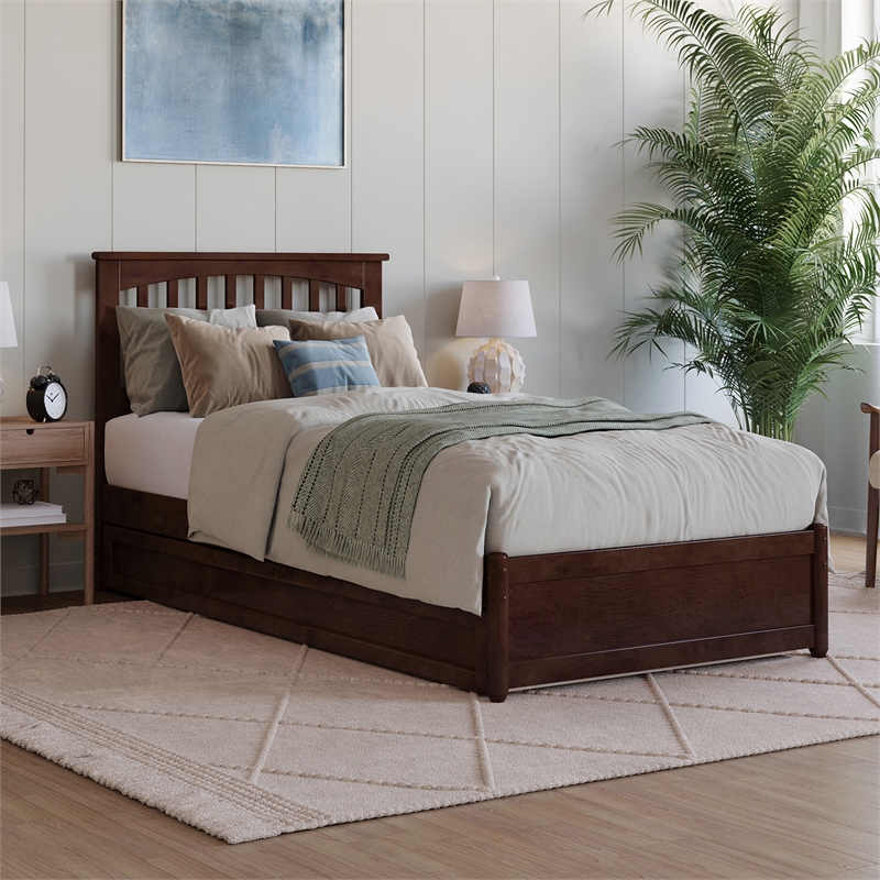 Everett Twin XL Wood Platform Bed with Panel Footboard & TXL Trundle in Walnut