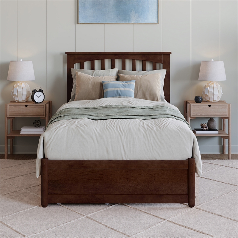 Everett Twin XL Wood Platform Bed with Panel Footboard & TXL Trundle in Walnut