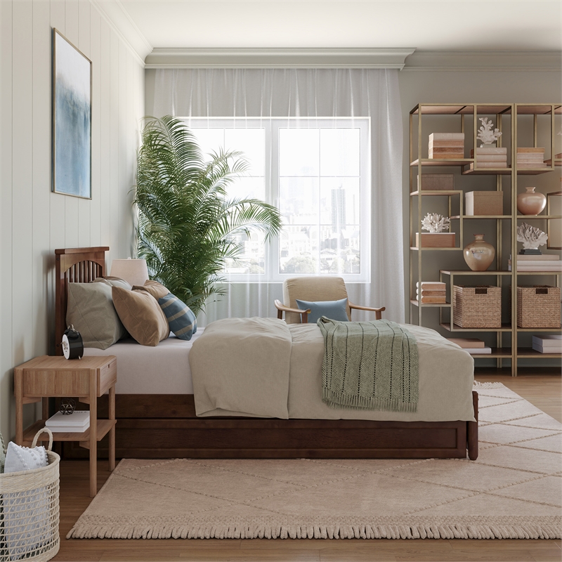 Everett Twin XL Wood Platform Bed with Panel Footboard & TXL Trundle in Walnut