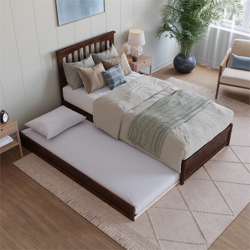 Everett Twin XL Wood Platform Bed with Panel Footboard & TXL Trundle in Walnut