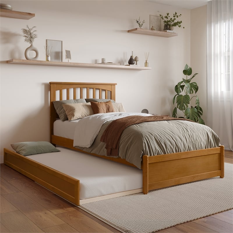 Everett Twin XL Platform Bed with Panel Footboard & TXL Trundle in Light Toffee