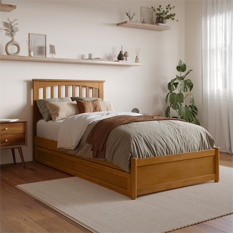 Everett Twin XL Platform Bed with Panel Footboard & TXL Trundle in Light Toffee
