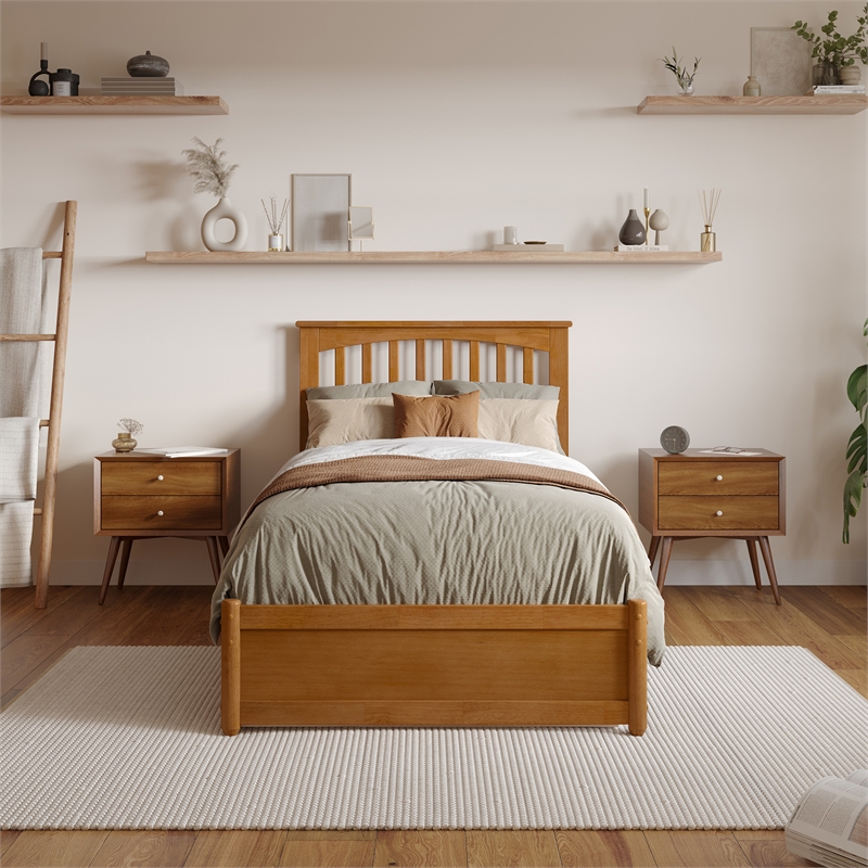 Everett Twin XL Platform Bed with Panel Footboard & TXL Trundle in Light Toffee