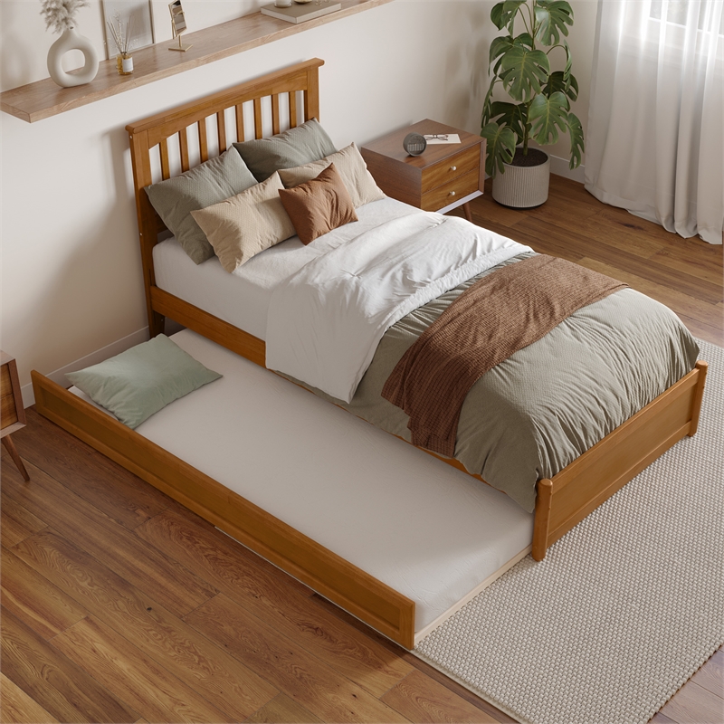Everett Twin XL Platform Bed with Panel Footboard & TXL Trundle in Light Toffee