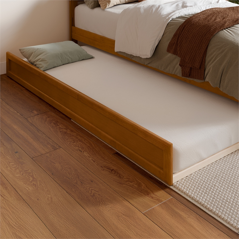 Everett Twin XL Platform Bed with Panel Footboard & TXL Trundle in Light Toffee