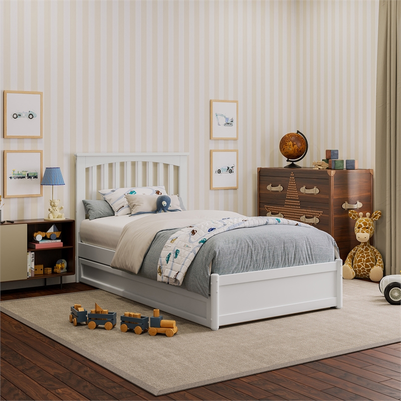 Everett Twin Wood Platform Bed with Panel Footboard and Twin Trundle in White