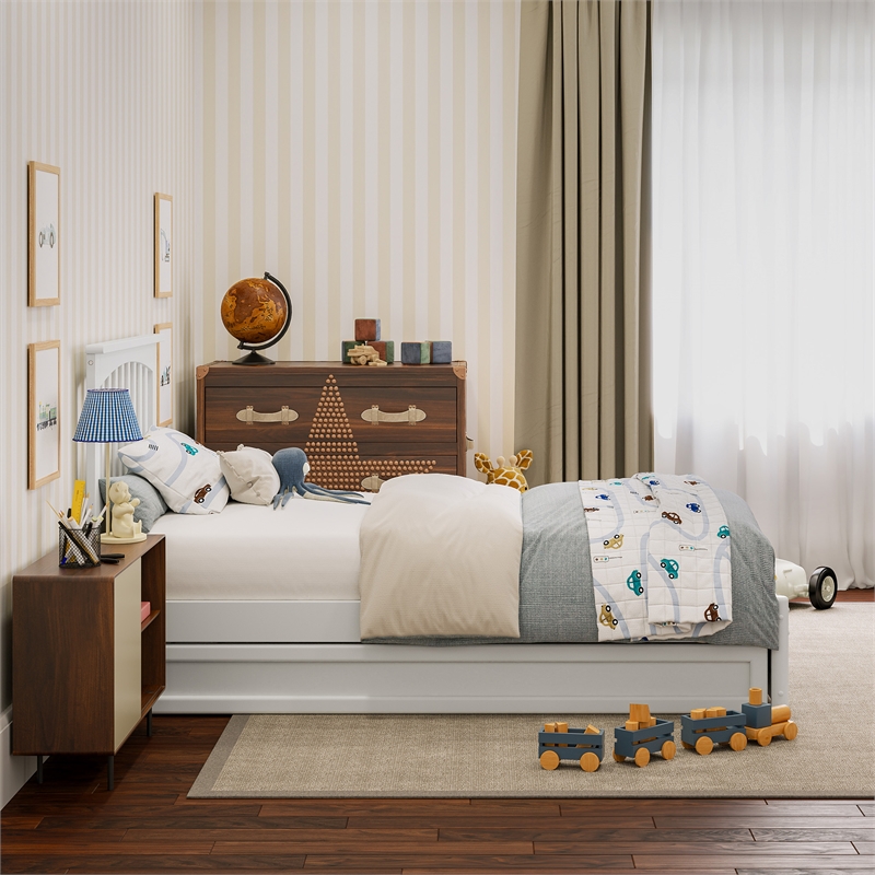 Everett Twin Wood Platform Bed with Panel Footboard and Twin Trundle in White