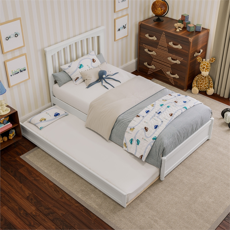 Everett Twin Wood Platform Bed with Panel Footboard and Twin Trundle in White