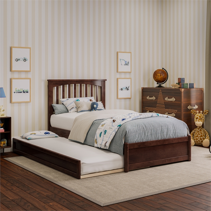 Everett Twin Wood Platform Bed with Panel Footboard and Twin Trundle in Walnut
