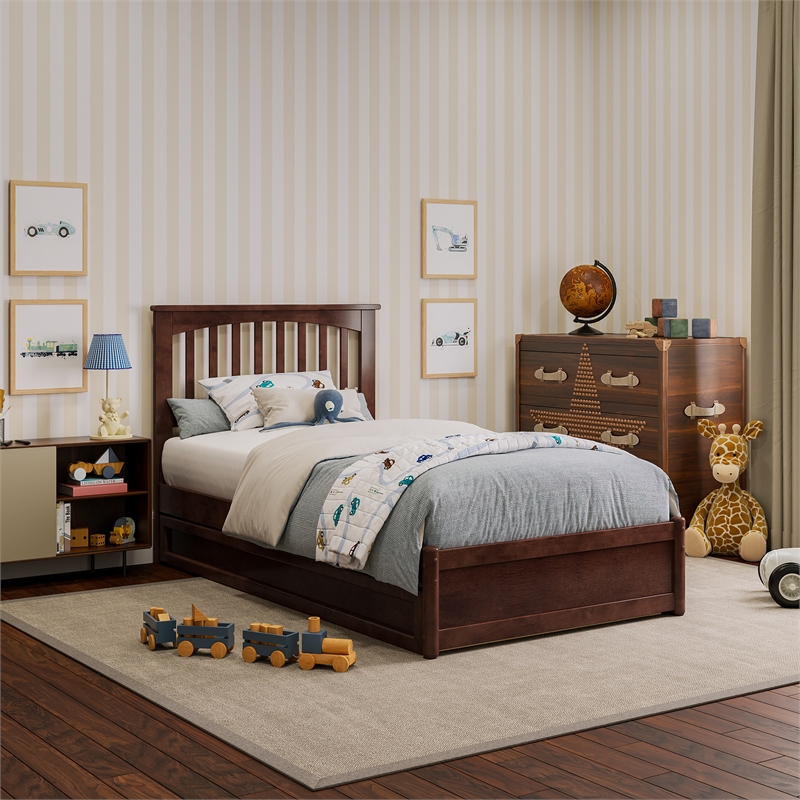 Everett Twin Wood Platform Bed with Panel Footboard and Twin Trundle in Walnut