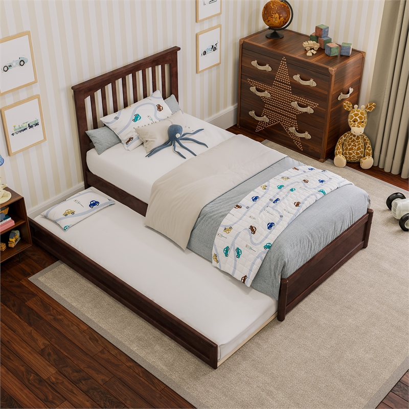 Everett Twin Wood Platform Bed with Panel Footboard and Twin Trundle in Walnut