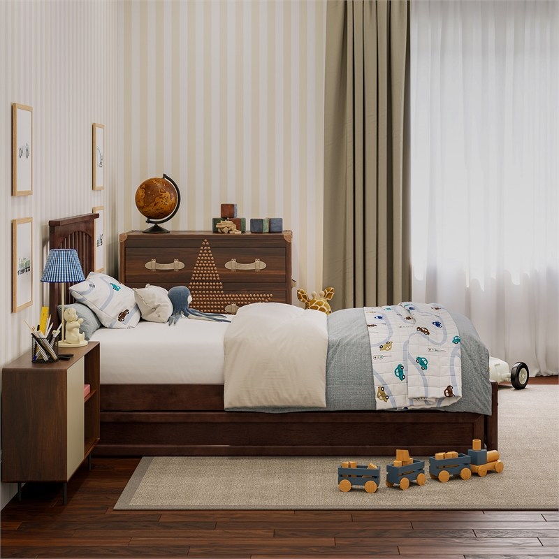 Everett Twin Wood Platform Bed with Panel Footboard and Twin Trundle in Walnut