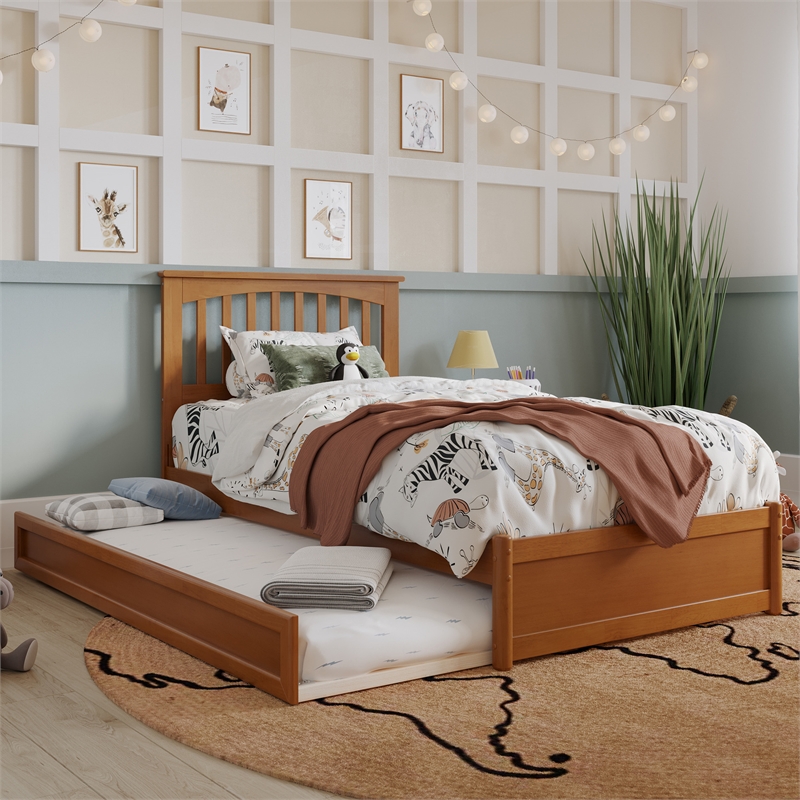 Everett Twin Platform Bed with Panel Footboard & Twin Trundle in Light Toffee