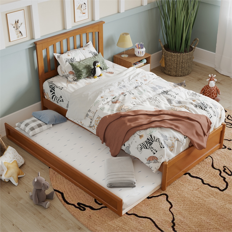 Everett Twin Platform Bed with Panel Footboard & Twin Trundle in Light Toffee