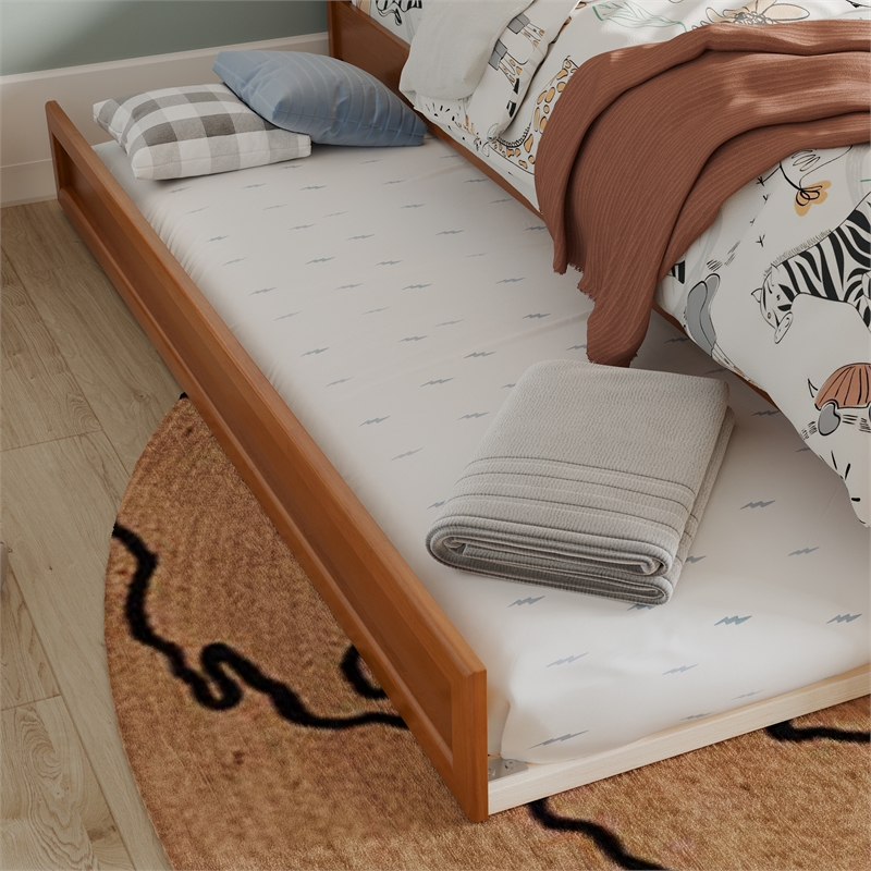 Everett Twin Platform Bed with Panel Footboard & Twin Trundle in Light Toffee