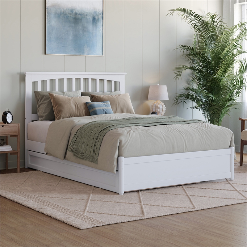 Everett Full Wood Platform Bed with Panel Footboard and Twin Trundle in White