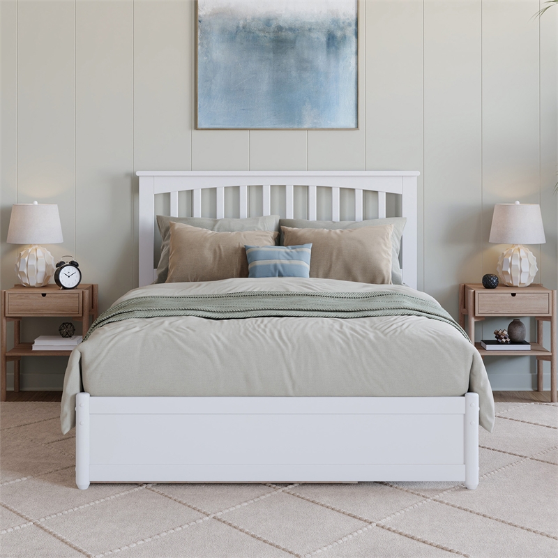 Everett Full Wood Platform Bed with Panel Footboard and Twin Trundle in White
