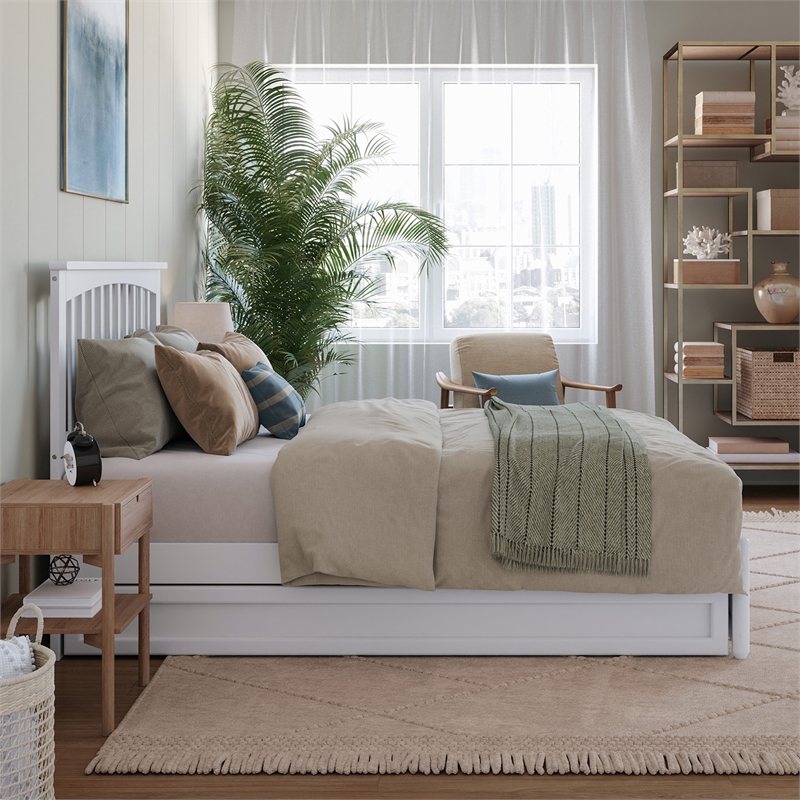 Everett Full Wood Platform Bed with Panel Footboard and Twin Trundle in White