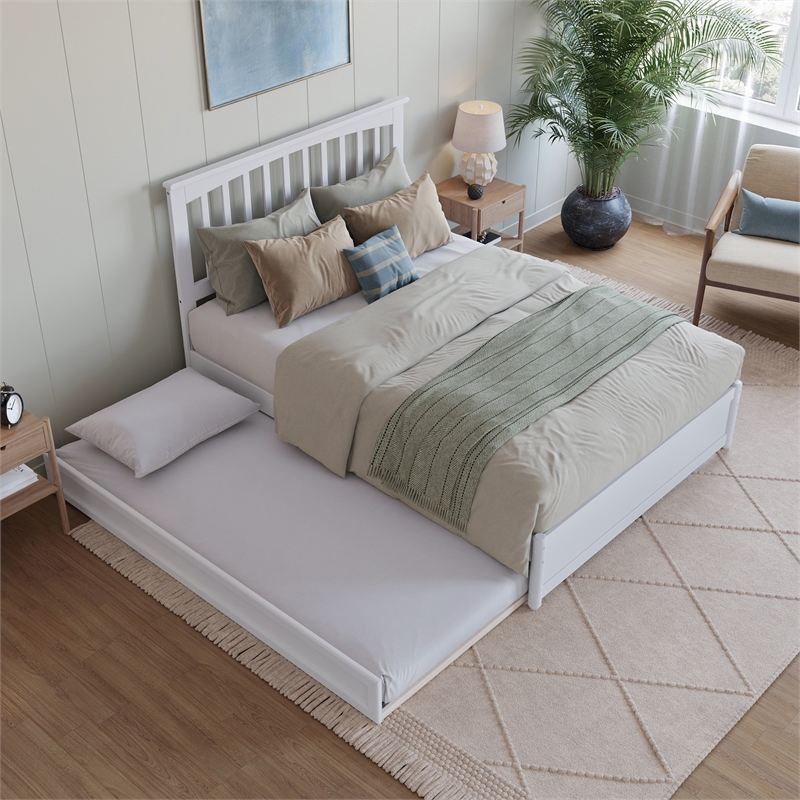 Everett Full Wood Platform Bed with Panel Footboard and Twin Trundle in White