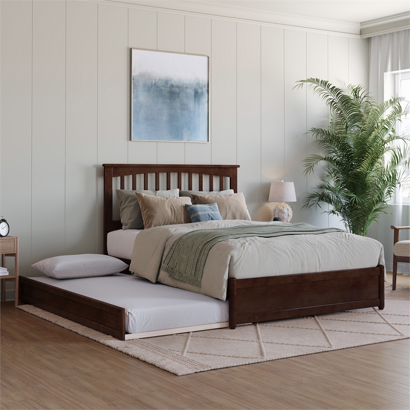 Everett Full Wood Platform Bed with Panel Footboard and Twin Trundle in Walnut