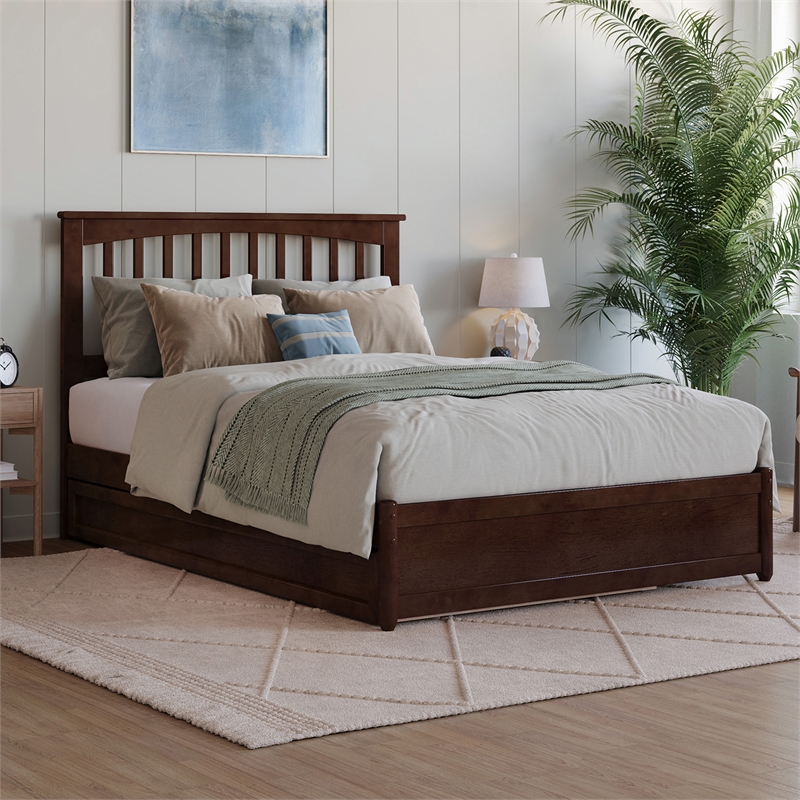 Everett Full Wood Platform Bed with Panel Footboard and Twin Trundle in Walnut