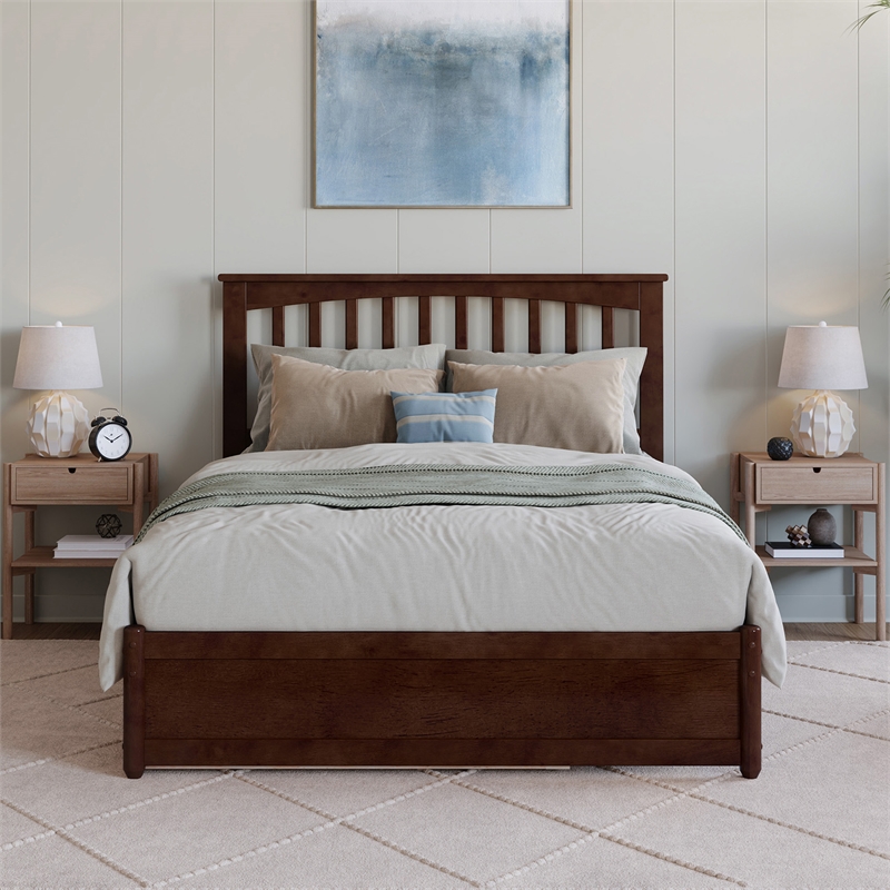 Everett Full Wood Platform Bed with Panel Footboard and Twin Trundle in Walnut