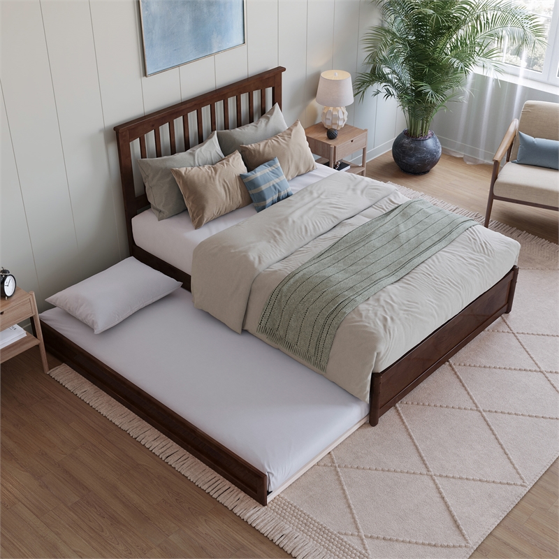 Everett Full Wood Platform Bed with Panel Footboard and Twin Trundle in Walnut