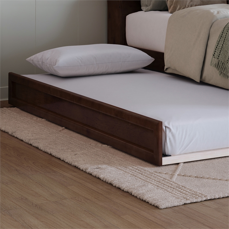 Everett Full Wood Platform Bed with Panel Footboard and Twin Trundle in Walnut