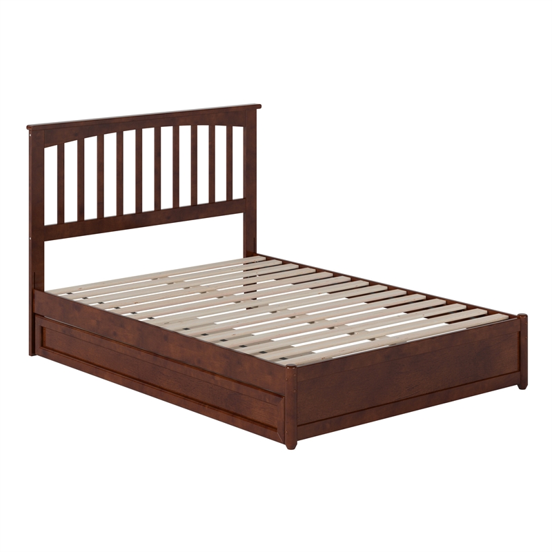 Everett Full Wood Platform Bed with Panel Footboard and Twin Trundle in Walnut