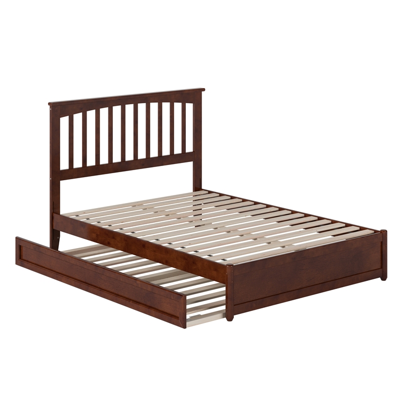 Everett Full Wood Platform Bed with Panel Footboard and Twin Trundle in Walnut