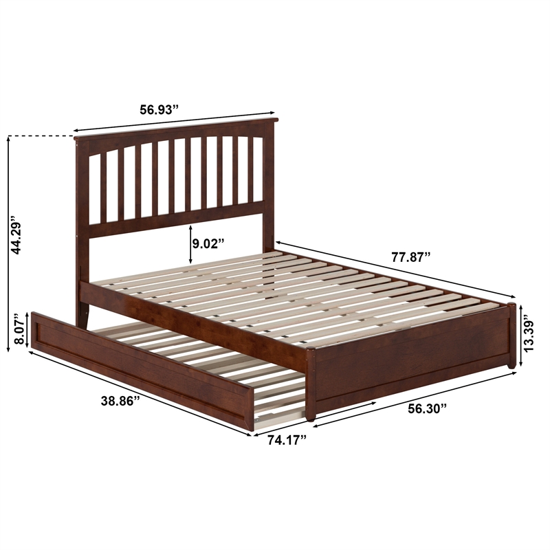Everett Full Wood Platform Bed with Panel Footboard and Twin Trundle in Walnut
