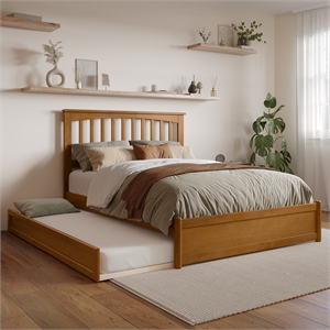Everett Full Platform Bed with Panel Footboard & Twin Trundle in Light Toffee