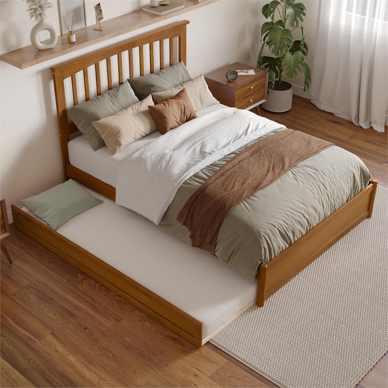 Everett Full Platform Bed with Panel Footboard & Twin Trundle in Light Toffee