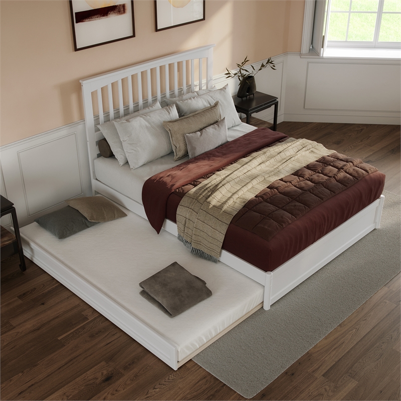 Everett Queen Wood Platform Bed with Panel Footboard & Twin XL Trundle in White