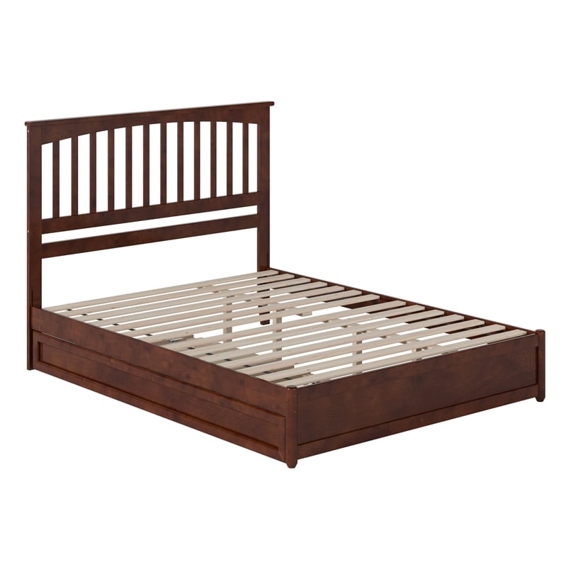 Everett Queen Wood Platform Bed with Panel Footboard & Twin XL Trundle in Walnut