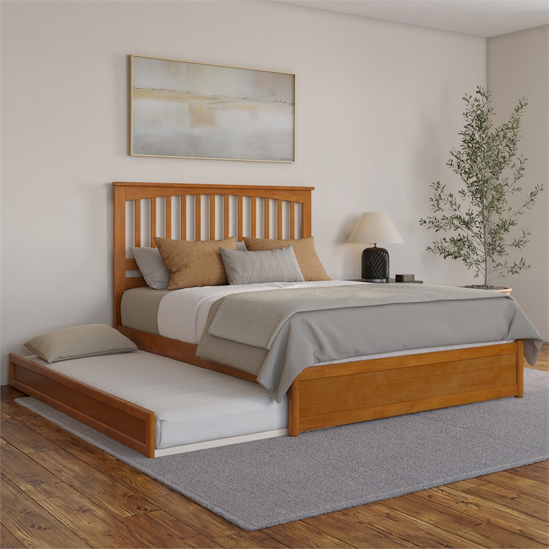 Everett Queen Platform Bed with Panel Footboard & TXL Trundle in Light Toffee
