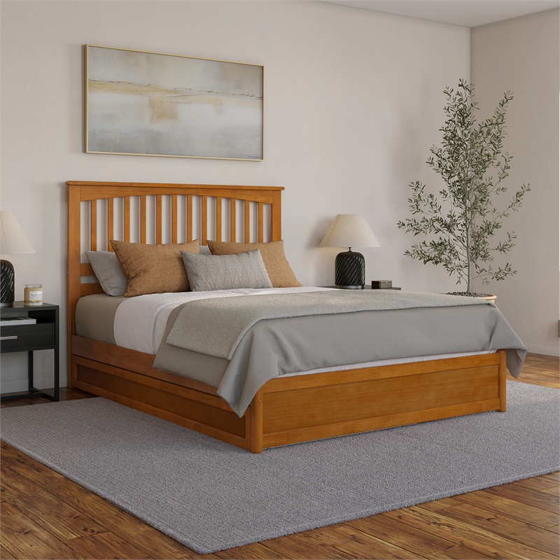 Everett Queen Platform Bed with Panel Footboard & TXL Trundle in Light Toffee