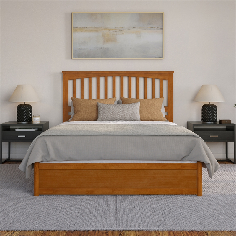 Everett Queen Platform Bed with Panel Footboard & TXL Trundle in Light Toffee