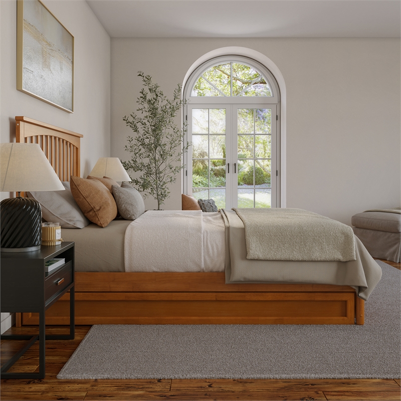 Everett Queen Platform Bed with Panel Footboard & TXL Trundle in Light Toffee