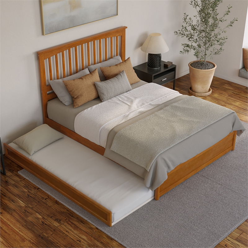 Everett Queen Platform Bed with Panel Footboard & TXL Trundle in Light Toffee