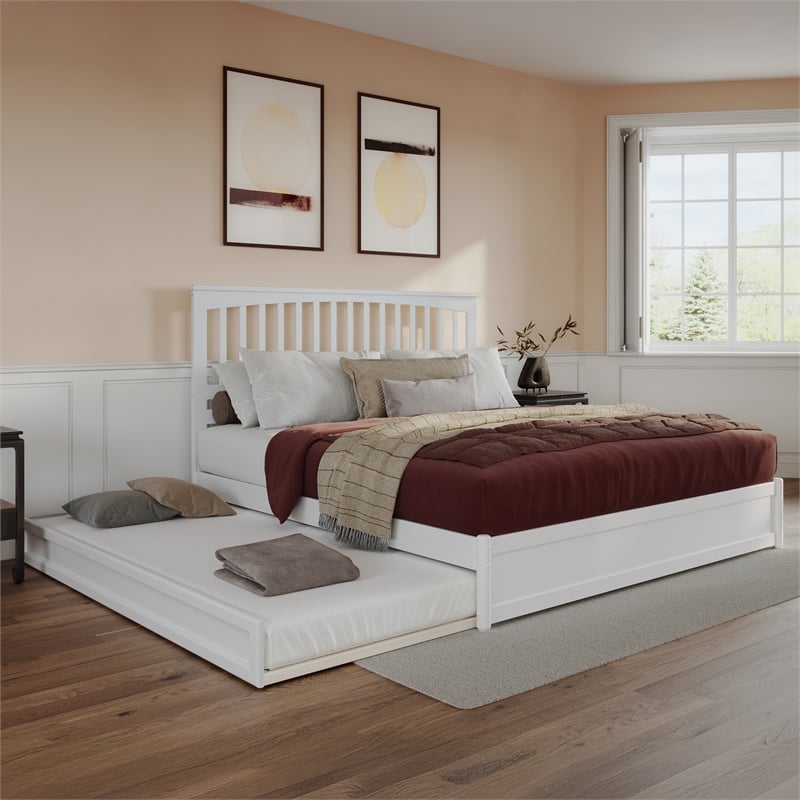 Everett King Wood Platform Bed with Panel Footboard and Twin XL Trundle in White