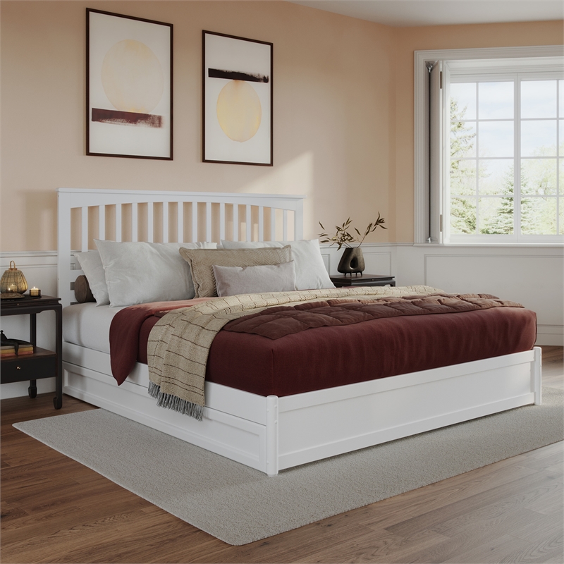 Everett King Wood Platform Bed with Panel Footboard and Twin XL Trundle in White